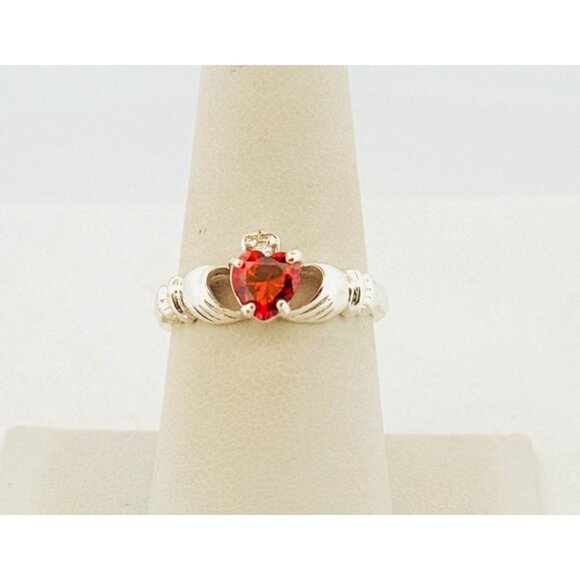 Estate Vintage Sterling Silver 925 Claddagh Ring Ruby Heart Size 8, 2.6g - Picture 1 of 11